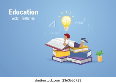 La educación, volver a la escuela y la lectura como concepto de conocimiento. Hacerlo en libros con cerebro inteligente en bombillas y elementos escolares voladores para inspiración e imaginación estudiantil. vector 3D.