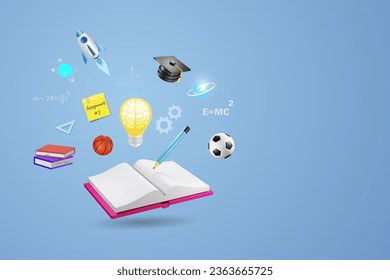 La educación, volver a la escuela y la lectura como concepto de conocimiento. Libro abierto con cerebro inteligente en bombillas y elementos escolares voladores para inspiración e imaginación estudiantil. vector 3D.