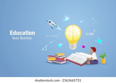 La educación, volver a la escuela y la lectura como concepto de conocimiento. Hacerlo en libros con cerebro inteligente en bombillas y elementos escolares voladores para inspiración e imaginación estudiantil. vector 3D.