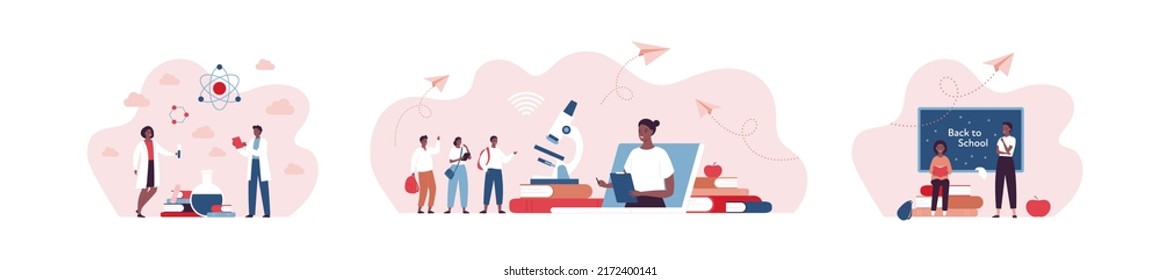 Education, Back To School And Science Concept Set. Vector Flat People Illustration. Boy, Girl And Teacher African American Character. Book, Black Board, Microscope, Lightbulb And Laptop Symbol.