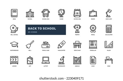 education back to school student detailed outline icon set, book, school, bag, board, more. simple vector illustration