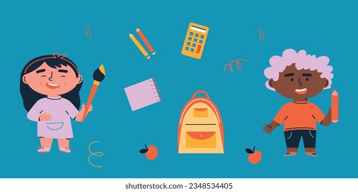 Education. Back to school. School supplies icons. Flat cartoon vector illustration. Icon School supplies	