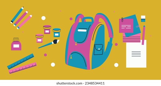 Education. Back to school. School supplies icons. Flat cartoon vector illustration. Icon School supplies	