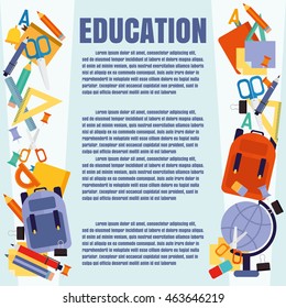 education. back to school. vector flat design set. Icons for infographics. backpack, books, notebooks, pens, ruler, protractor, pencil school supplies.