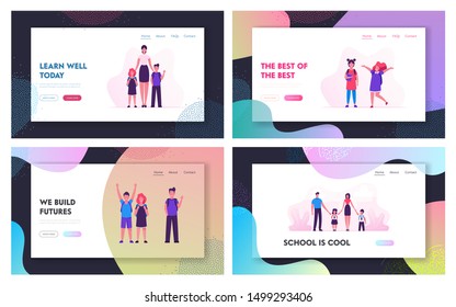 Education and Back to School Website Landing Page Set. Pupils and Young Female Teacher Character in Classroom Meeting New Year of Studying Together. Web Page Banner. Cartoon Flat Vector Illustration
