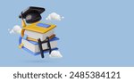 Education background with 3d books stack, ladder and graduation cap. Steps to success, growth and study, university degree concept. Vector illustration