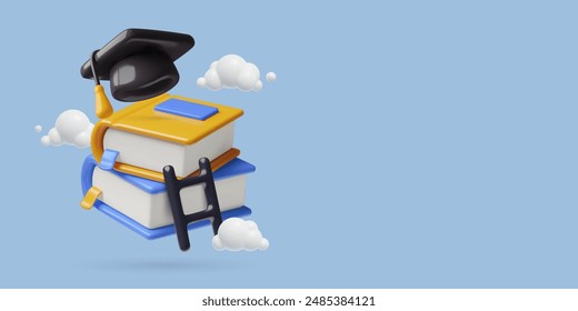 Fondo de Educación con pila de libros 3d, escalera y gorra de graduación. Pasos hacia el éxito, crecimiento y estudio, concepto de título universitario. Ilustración vectorial