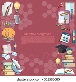 Education background: back to school university college institute learning school subjects lessons notebooks textbooks student table vector background  