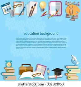 Education background back to school university college institute learning school bag learn student concept pencils alarm clock microscope biology mathematics vector illustration  