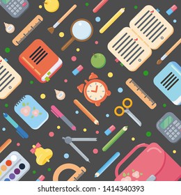 Education background for banner, poster, add. Flat colorful design of school supplies