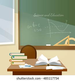 Education background classroom interior school books on desk education back to school flat vector illustration 