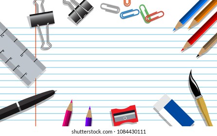 education background concept with school supplies on paper and copy space frame
