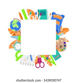 Education background design. School supplies - colorful frame.