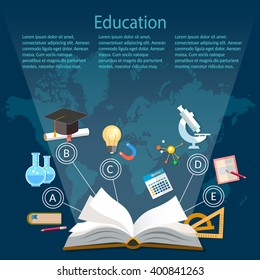 Education background infographics open book of knowledge on world map  