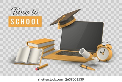 Education Background with Laptop, Books, Alarm Clock, and Graduation Cap – Perfect for Back to School, Online Learning, or Academic Success Concepts. Vector Illustration.