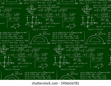 Education background. Math seamless pattern with the equations, figures, schemes, plots and other calculations. Handwritten vector Illustration.