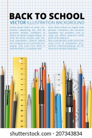 Education background with notebook page, pens and pencils. Back to school theme vector illustration.