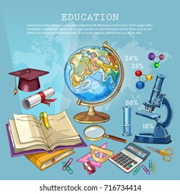 Education background. Open book of knowledge. Symbol of education, mathematics, chemistry, physics. Back to school tools. Modern education elements