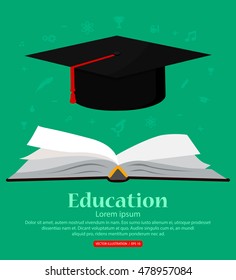 Education. Background with open book school knowledge and academic hat. Vector illustration.