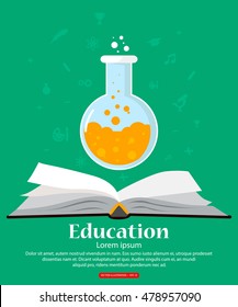 Education. Background with open book school knowledge and chemistry flask. Vector illustration