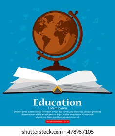 Education. Background with open book school knowledge and globe. Space for your text. Vector illustration