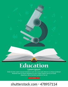 Education. Background with open book school knowledge and microscope. Vector illustration.