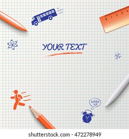 Education background. School stationery items and icons hand-drawn. Vector Illustration