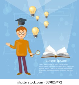Education background schoolboy open book bulbs knowledge vector illustration 