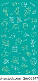 Education background with a seamless pattern of hand-drawn school icons on a green chalkboard. Vector doodle illustration for website headers, presentation slides, or classroom decoration.
