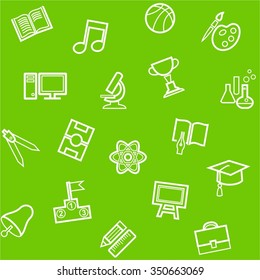 Education, background, seamless, single color, green. Vector seamless pattern of linear icons to the theme of education and learning. 
