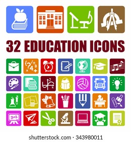 Education background set with 32 flat design icons for education, degree of specialist, basic and elementary study. Concepts for web banners and print materials. Vector illustration.