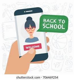 Education background with smartphone "back to school" text. Female teacher. Welcome button, vector illustration.