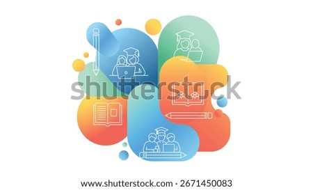 Education background with student learning icons including laptop book and pencil on colorful abstract shapes for school study design banner flyer or presentation