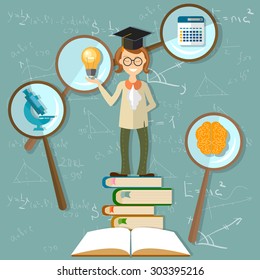 Education background teacher students professor back to school power knowledge open book brain university blackboard sine cosine microscope math count study research vector illustration  