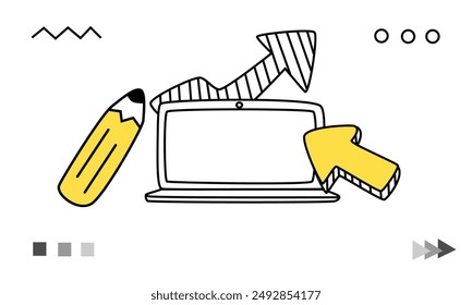 Tema de fondos de Educación con estilo doodle. Un portátil con lápiz y flecha. Antecedentes de escuela, curso o webinar en línea. Elemento de Educación y tema escolar para portada, Anuncio, volante o póster