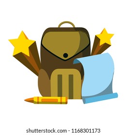 education backpack and paper with art crayon