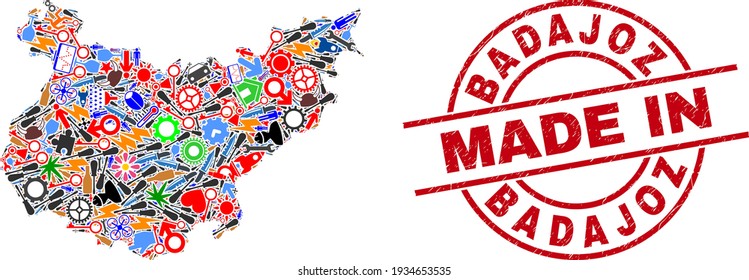 Education Badajoz Province map mosaic and MADE IN scratched stamp. Badajoz Province map abstraction created with spanners, gear wheels, screwdrivers,, keys, airplanes, cars, strikes, helmets.