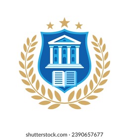 Logo-Design für Bildungsabzeichen. Emblem der Oberschule. Akademiker-Emblem. Bibliothekssymbol. Laurel Kranz.