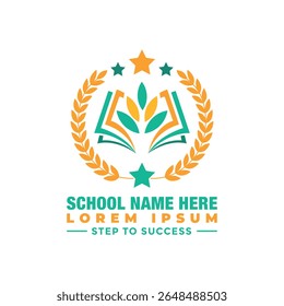 Education badge logo design. University high school emblem. Laurel wreath, book with stars