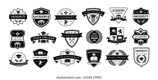 Education badge. Monochrome labels for university, academy and college branding. Academic insignia vector emblems set of education university label illustration