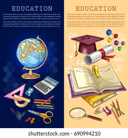Education banner. Back to school. Education elements, tools. Open book of knowledge. Symbol of science and education. Studying of mathematics, chemistry, physics