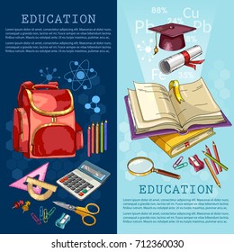 Education banner. Back to school tools. Modern education elements. Open book of knowledge. Symbol of education, mathematics, chemistry, physics