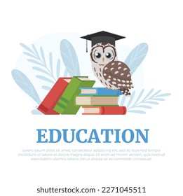 Education banner or card backdrop with owl sitting on books, flat vector illustration isolated on white background. Education and knowledge is power concept of banner.