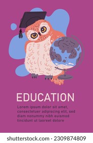 Education banner or card template with wise owl, flat vector illustration. Back to School and education banner or poster design for web and print materials.