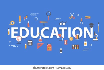 Education banner concept with icons design on purple background