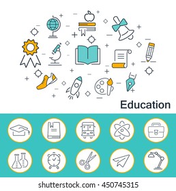 Education banner in flat style. Outline vector icons.