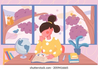 Cartel educativo. Niña haciendo deberes mientras está sentada en la mesa en la habitación al fondo de la ventana del jardín. Estudiantes en el afiche escolar. Ilustración vectorial para el fondo o la pancarta en el diseño de dibujos animados planos