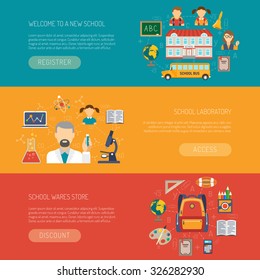 Education banner horizontal set with flat school elements isolated vector illustration