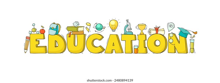 Education banner with icons of school and science. Concept of university, college or school study with text and doodle elements of physics, chemistry research, education, vector illustration