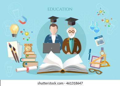 Education banner infographic professor and student learning open book of knowledge vector illustration 